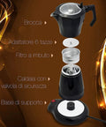 Exploded view of Electric Espresso Maker 6 Cup Mocha Pot Portable Italian Style Coffee Brewer For Camping And Travel 550W 110V Aluminum Alloy Percolator With Fine Filter