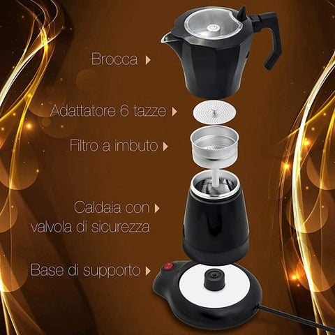 Exploded view of Electric Espresso Maker 6 Cup Mocha Pot Portable Italian Style Coffee Brewer For Camping And Travel 550W 110V Aluminum Alloy Percolator With Fine Filter