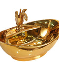 Top Notch Ceramic Vessel Bathroom Sink Featuring Slick Gold Countertop Finish And Modern Art Washbasin, oval gold design.