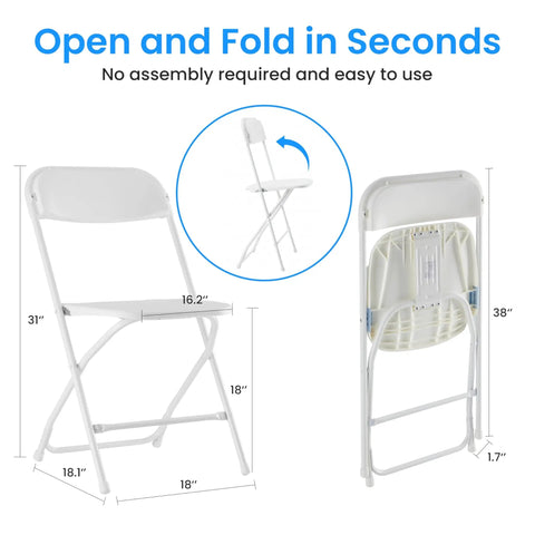 Ten Pack Plastic Folding Chairs With Metal Frame Foldable And Stackable Portable 330 Lb Capacity Perfect For Wedding Party Picnic Office Indoor Outdoor Dining White, showing dimensions and folding feature.