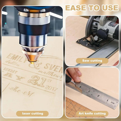 12-pack unfinished basswood sheets, 12 x 16 x 1/8 in, for laser cutting; shows laser, saw, and craft knife cuts.