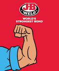 Cartoon flexed arm with 'J-B Weld World's Strongest Bond' logo on red background, representing FiberWeld Automotive Repair Cast Kit strength