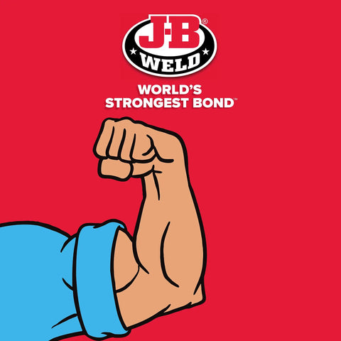 Cartoon flexed arm with 'J-B Weld World's Strongest Bond' logo on red background, representing FiberWeld Automotive Repair Cast Kit strength