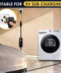 Premium Nema 10 To 6 Adapter For Ev Level 1 Charging Heavy Duty three prong dryer cord plugged into wall outlet next to dryer.