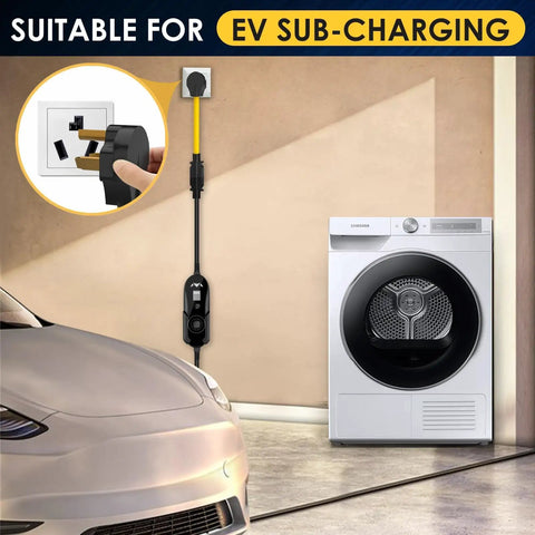 Premium Nema 10 To 6 Adapter For Ev Level 1 Charging Heavy Duty three prong dryer cord plugged into wall outlet next to dryer.