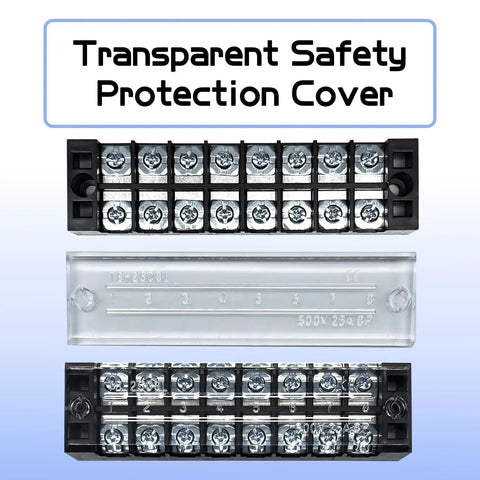 4 Sets 8-Position 600V 25A Terminal Blocks With Cover, Dual Row Ground Bus Bar, transparent cover, top view