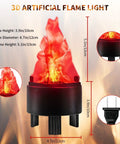 3D LED Fake Campfire Flame Light With Realistic Flicker, dimensions shown, red silk flame on black ABS base with plug