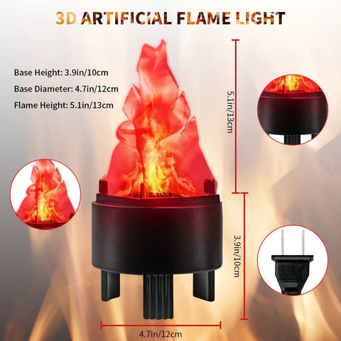 3D LED Fake Campfire Flame Light With Realistic Flicker, dimensions shown, red silk flame on black ABS base with plug