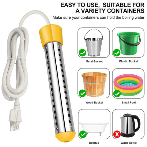 Portable 1500W Submersible Immersion Water Heater With 304 Stainless Steel Guard for Buckets Heats 5 Gallons 120V Electric Bucket Warmer