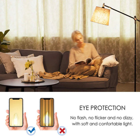 Cozy living room with floor lamp using B11 LED Filament Bulb With E26 Medium Base 2700K Warm White Glow, 4W, non-dimmable bulb.