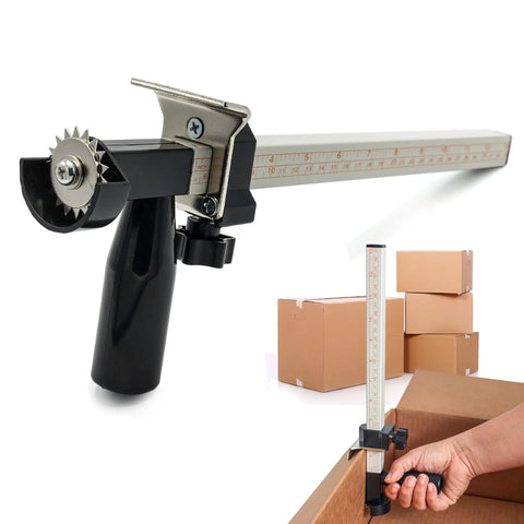 Box Resizer Tool With Scoring Wheel For Cardboard Boxes And Shipping Boxes, shown with measuring guides and sharp scoring blade.