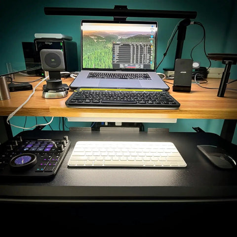 Under Cabinet LED Lighting 12 Inch Light Strip Bar Daylight White 5000K Dimmable illuminating a desk setup with keyboard