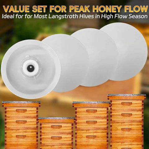 Round Bee Top Feeder For Langstroth Hives Four Pack Food Grade PP with four feeders and wooden beehive illustration
