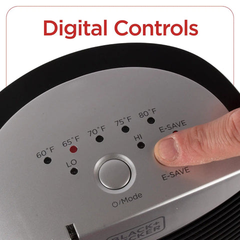 Compact Personal Space Heater With ESave Energy Saving Function showing digital controls and temperature settings.