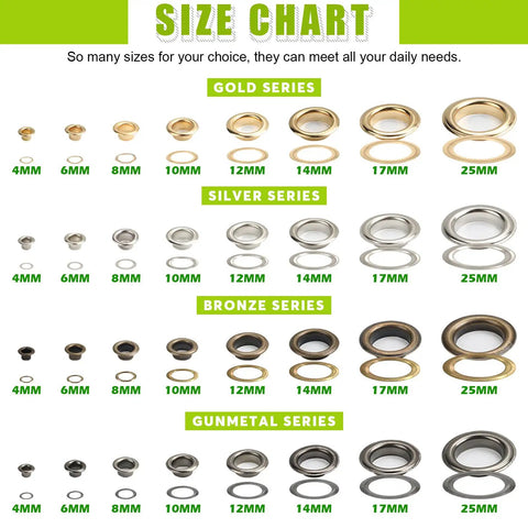 Size chart for Rock Solid 50 Pair Silver Metal Eyelet Grommets With Matching Washers, Thickened 17 Mm 3/5 Inch hardware.