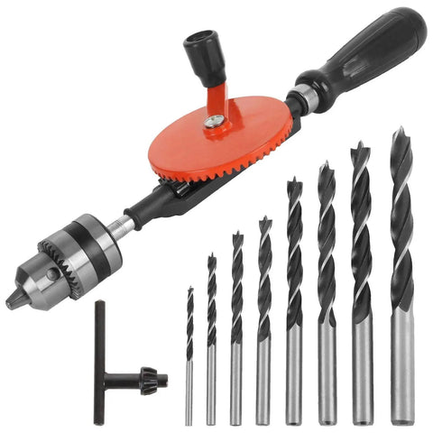 3/8 Inch Hand Drill With Manual Crank And 8 Piece Drill Bit Set Safe Double Pinions Design Adjustable Chuck 1.5 To 10mm