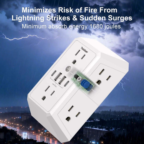 Wall Mount Outlet Extender With Heavy Duty Surge Guard Six Widely Spaced Ac Outlets Four Usb Charging Ports Two Type C Ports Secure Screw Install No More Outlet Wars Game Changer For Any Space white power strip with surge protection in stormy background