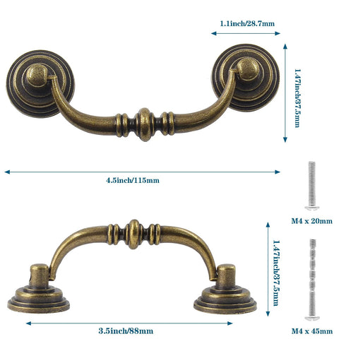 Antique Drop Bail Drawer Pulls 4.5 Inch Long 88mm Center To Center 3.5 Inch Vintage Bronze Cabinet Pull Handles dimensions view