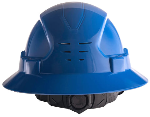 Solid Full Brim Hard Hat With ABS Construction And Ventilated Safety Design OSHA Approved Work Helmet Built Tough For All Day Comfort 6 Point Ratchet Suspension Chin Strap Sweatband Blue