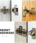 Metal cabinet hinges on wood and white doors, part of 40Pcs Cabinet Door Hinge Restrictor Clips Soft Close Angle Limiter For 86 Degree Opening Durable Plastic Hinges For Kitchen Cabinet Repair And Smooth Safe Angle Control.