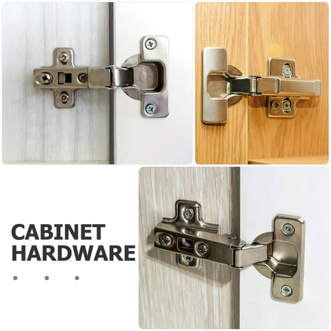 Metal cabinet hinges on wood and white doors, part of 40Pcs Cabinet Door Hinge Restrictor Clips Soft Close Angle Limiter For 86 Degree Opening Durable Plastic Hinges For Kitchen Cabinet Repair And Smooth Safe Angle Control.