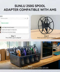 Sunlu 250G spool adapter showing search results, printed adapter, and setup for AMS compatibility.