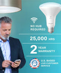 Man using phone next to BR30 Smart Flood Light Bulbs With WiFi No Hub Needed 650 Lumen Daylight 60W Equivalent E26 Base