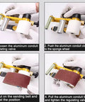 Heavy Duty Pneumatic Belt Sander With 100 Sanding Belts 360 Swivel Chuck High Torque 10000 RPM showing assembly steps for sanding belt adjustment.