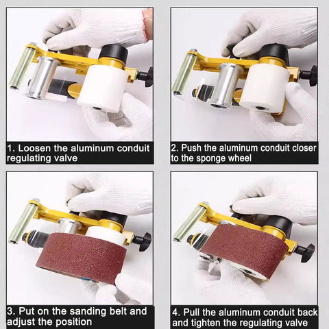 Heavy Duty Pneumatic Belt Sander With 100 Sanding Belts 360 Swivel Chuck High Torque 10000 RPM showing assembly steps for sanding belt adjustment.