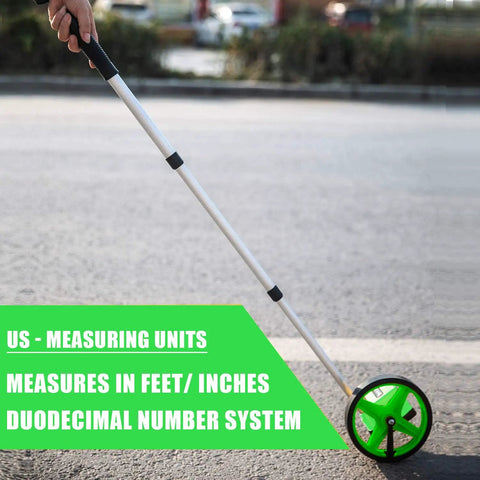 Six Inch Measuring Wheel With No Fuss One Key Reset Telescopic Mechanical Distance Meter measuring on a pavement.
