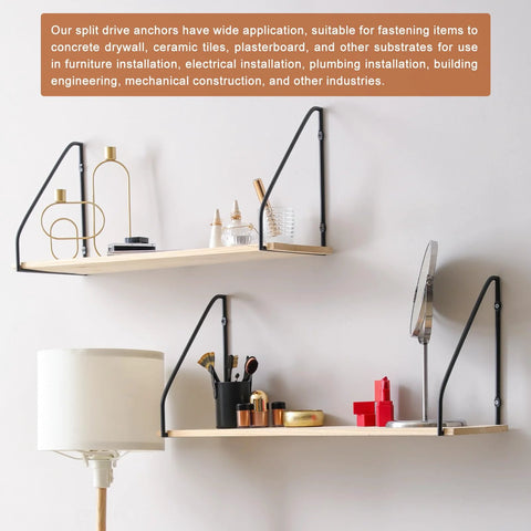 Shelves mounted on wall using Split Drive Concrete Anchors 1/4 Inch By 2-1/2 Inch 50 Pack Carbon Steel Hammer Drive Anchors
