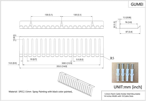 Diagram showing dimensions of Wall Mount Cable Organizer Hanger 14 Inch Wide with 18 Slots for Patch Audio and Computer Cables.