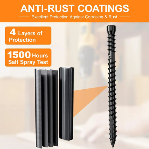 Anti-rust-coated No 10 Hidden Deck Screws 2-3/8 Inch, 350 pieces, star drive, black finish showing layers and protection rating