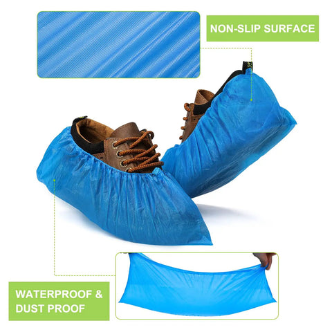Disposable Shoe Covers Booties 100 Pack (50 Pairs) Waterproof Non Slip Indoor Foot Protectors shown covering shoes