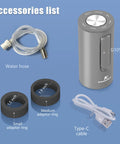 Foldable Automatic Water Bottle Pump For 1 To 5 Gallon Jugs Portable USB Rechargeable Electric Drinking Water Dispenser accessories including pump, hose, rings, and USB-C cable.