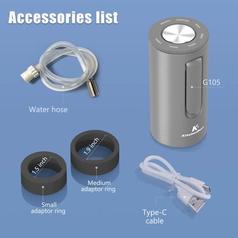 Foldable Automatic Water Bottle Pump For 1 To 5 Gallon Jugs Portable USB Rechargeable Electric Drinking Water Dispenser accessories including pump, hose, rings, and USB-C cable.