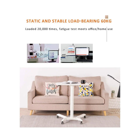 Slick Mobile Overbed Table With Smooth Rolling Wheels Adjustable Height beside a sofa with decorative pillows.