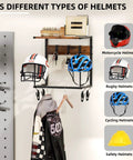 Easy Install Motorcycle Helmet Holder Wall Mount Rack With Dual Hat Stands, Hang Any Helmet Or Gear, displaying helmets and jacket