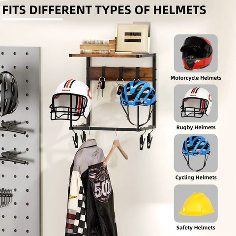 Easy Install Motorcycle Helmet Holder Wall Mount Rack With Dual Hat Stands, Hang Any Helmet Or Gear, displaying helmets and jacket