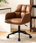 Faux Leather Office Chair With Wheels 360 Degree Swivel Height Adjustable Armrests Mid Back Comfy Ergonomic Computer Chair For Home Office Living Room Bedroom Brown in home office setting.