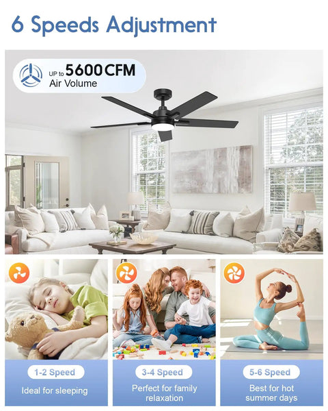 52 Inch Smart Ceiling Fan With Lights Black, Alexa And Google Home Ready, Remote Or App Control in a living room.