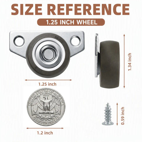 Twenty Pack Small Side Mount Caster Wheels With Silent Smooth Rolling Motion For Drawer Cabinet Upgrades. Includes Forty Value Packed Mounting Screws For A Slick And Dang Good DIY Repair, size reference with quarter.