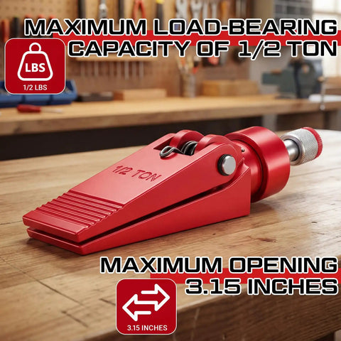 Heavy Duty Hydraulic Wedge Spreader 1/2 Ton Capacity With 3 1/4 Inch Max Opening And 1/4 Npt Port on workbench, red color.