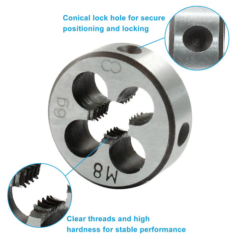 M8 X 1.25 Tap And Die Set For Metric Threads, Right-Hand Tap And Round Die, HSS6542 High-Speed Steel, showing conical lock hole