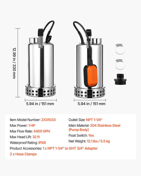 Hardcore Submersible Sump Pump With Smart Auto Float Switch One Horsepower Motor Blasts 4400 Gallons Per Hour To Kick Stubborn Basement Water Clean Out The Drain Today IPX8 Waterproof Crawl Space Powerhouse showing dimensions and accessories.