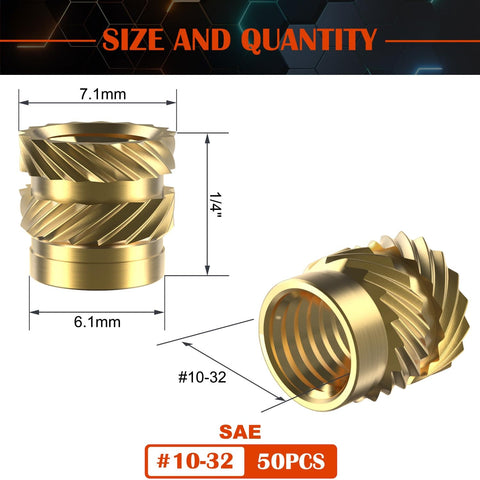 50 Pieces Brass Heat Set Threaded Inserts Kit For Plastic And 3D Printing Projects With SAE Ten Thirty Two Female Threads And Knurled Nuts