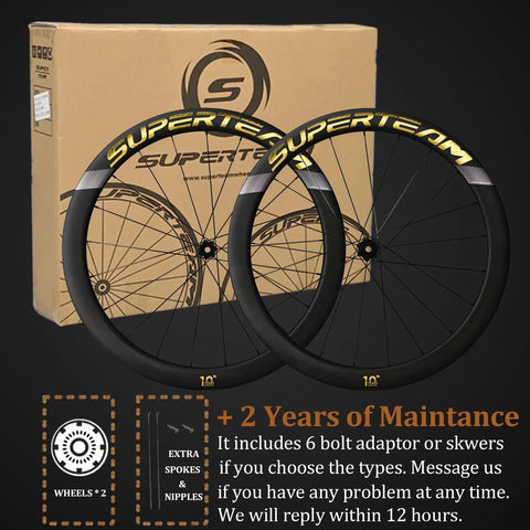 Anniversary Edition 50mm Carbon Wheelset For Road Bikes With Disc Brakes 700c Center Lock And QR, gold decal, box background