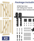 30-Inch By 84-Inch Bifold Barn Door With Hardware Kit, Unfinished Solid Pine Wood Folding Closet Door parts and accessories displayed.