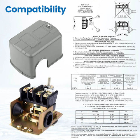 Well Pump Pressure Switch 40 To 60 Psi With Adjustable Differential And 1/4 Inch NPT Female Fittings, internal components and diagram