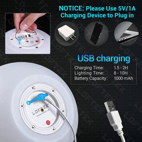Close-up of 8 Inch LED Night Light Ball With Remote base showing USB charging port and folding handle detail.